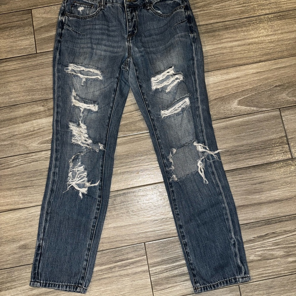 William Rast Distressed Blue Medium Wash Denim Button Zip Women's Jeans